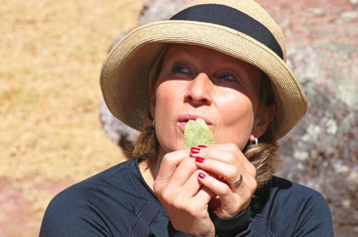 experts 3 Elke Steinbach, Inka-Meisterin aus Deutschland, beim Pusten in Coca-Blätter während einer Despacho-Zeremonie in Peru